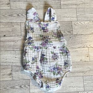 Angel Dear White 100% Cotton Gauze Romper with Purple Floral Lily of the Valley